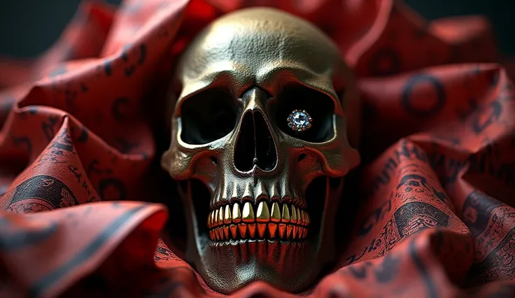 Create an image of a skull with gold teeth and a jewel eye wrapped in money with the background colors black and red 