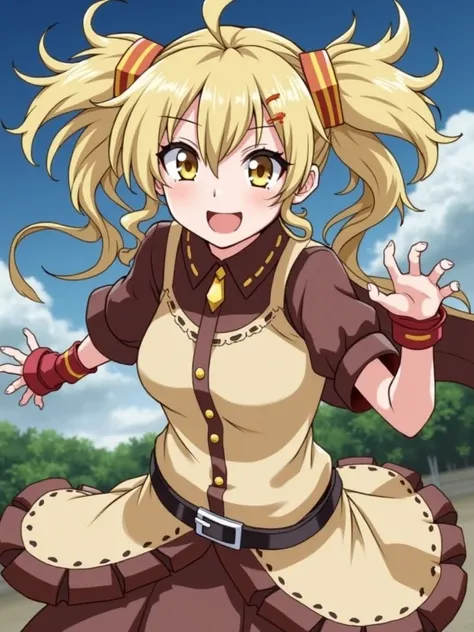 #KEI UOMI, OIKATZO, BLONDE HAIR, HAIR ORNAMENT, TWINTAILS, (YELLOW EYES:1.3), HAIRCLIP, SHORT TWINTAILS,
GLOVES, BELT, FINGERLESS GLOVES, RED GLOVES, SKIRT