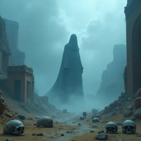 strange landscape,  ancient buildings forgotten on a blue planet,  skulls scattered on Earth , desert and bullets ,  a specter coming out in the middle of a hole , Faceless,  only between thick fog and chaos  