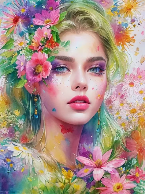 、(((moda elegant))), 8K quality、 Intense watercolor ,  detailed watercolor art , Watercolor splatter, surreal, Avant-garde pop art,  Beautiful and Expressive Paintings ,  beautiful art illustration, highly colorful hues, marvelous, Fresh beauty, 、Arte ofic...