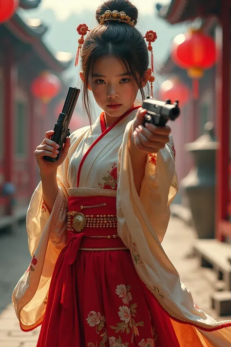 {"prompt":"Create a highly detailed and visually striking image of a young Chinese girl wearing a traditional kimono. She should be standing in a dynamic pose, confidently pointing a gun towards the viewer. The kimono should feature intricate patterns and ...