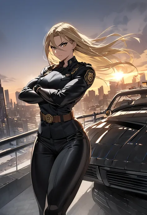 A female police officer sits atop a police car, displaying a determined and confident expression. She is reminiscent of Sonya Blade from Mortal Kombat, with similar facial features and an athletic physique that reflects strength and agility. Her hair is sh...