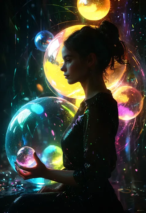 bold bright colored orbs glow to light a dark space around a beautiful young woman,Atmospheric,dramatic, glitter effects, divine rays, hand drawing, render, 8k,  octane rendering, Cinema 4D, Blender, dark, Atmospheric 4K ultra detailed, cinematic, sharp fo...