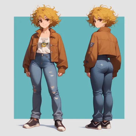 1 slim girl, yellow hair, medium messy hair cut, sharp eyes, brown eyes, confident expression, big boobs, big butt, casual outfit, jacket, jeans, comfortable shoes, mischievous smile, accesories, simple background, full body, standing, character desing, Al...