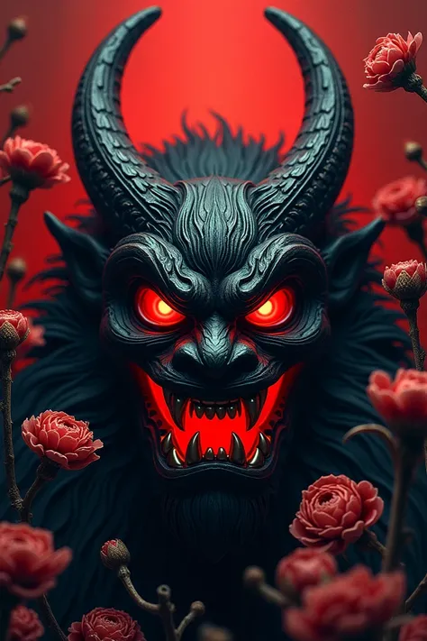 An Oni mask logo with bloody red eyes and traditional Japanese dead flowers 