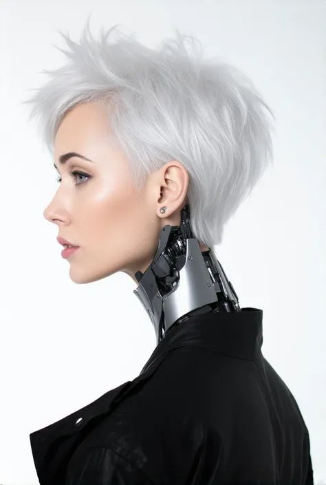 A woman with an implant in her neck for a chip port, viewed from behind, on a white background. The woman has short white hair in a biopunk cyberpunk style.