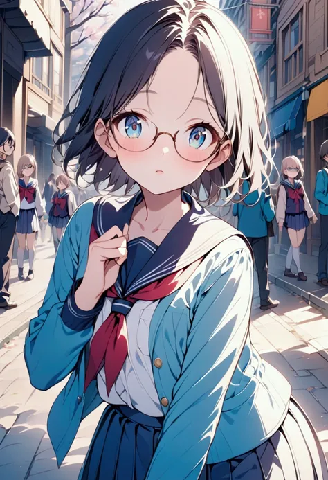  one girl、 black hair、 Japanese、Short Hair、Permed、Showing his forehead、Beautiful eyes、future、 school uniform、 College Student 、Black-rimmed glasses、delicate、 slender、 pretty girl、Small stature、Small face
