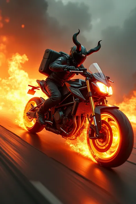 a black sports bike , with tires burning in flames and with horns ,  with the pilot with a large square backpack and who can be seen at high speed. 