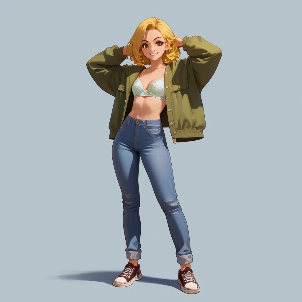 1 slim girl, yellow hair, medium hair, sharp eyes, brown eyes, confident expression, big boobs, big butt, casual outfit, jacket, jeans, comfortable shoes, mischievous smile, accesories, simple background, full body, standing, character desing, Alta resoluc...