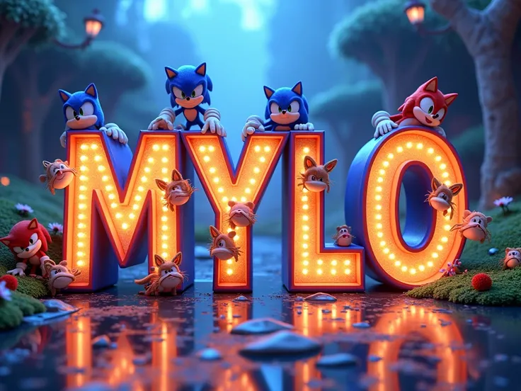 Create a poster extremely detailed with letter-by-letter writing "MYLO " en français et en majuscule. dans un style Disney 4D. LÉCRITURE DOIT ÊTRE BIEN VISIBLE. 
Thème SONIC.