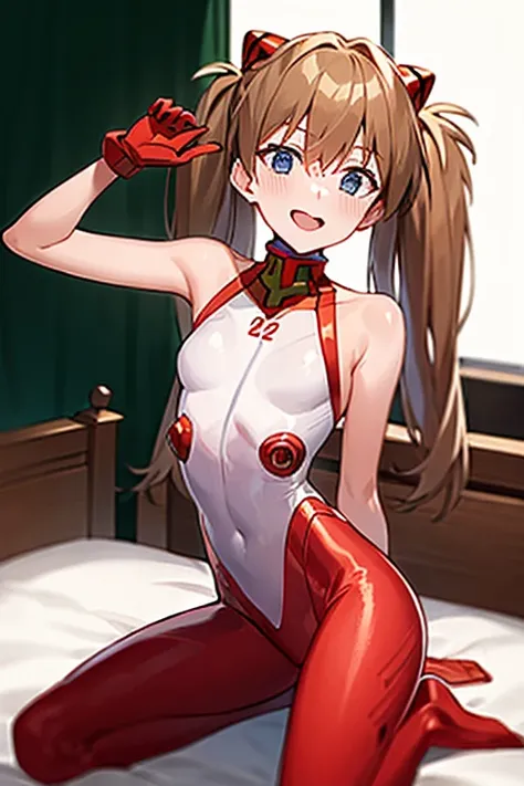 (( best quality)), ((masterpiece)), (be familiar with),  perfect face, indoor, bedroom,  viewer,
One woman,  Soryu Asuka Langley ,
 open mouth,  ecstatic expression with hands in front of body, blush, smile,
 small tits,  flat chested, Young girl, Lori,  s...