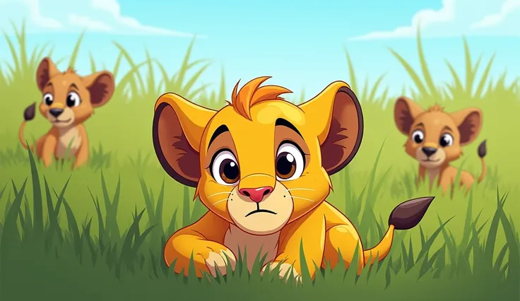 Draw a 2D cartoon-style lion cub hiding nervously in tall grass. The cub has wide, worried eyes and exaggerated facial expressions. In the background, faint shadows of hyenas with mischievous grins are visible through the grass. Use flat green and yellow t...