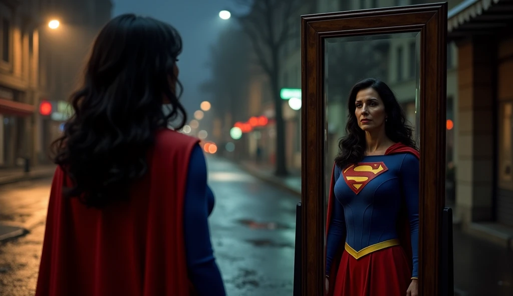 Night street; Supergirl 1980s(((loyal costume from the film Helen Slater from Supergirl 1984, aged 60, long black hair))); Supergirl(((Supergirl 60years old/big and strong breasts) looking naked in a mirror Supergirl(((Supergirl 60years old/big and strong ...