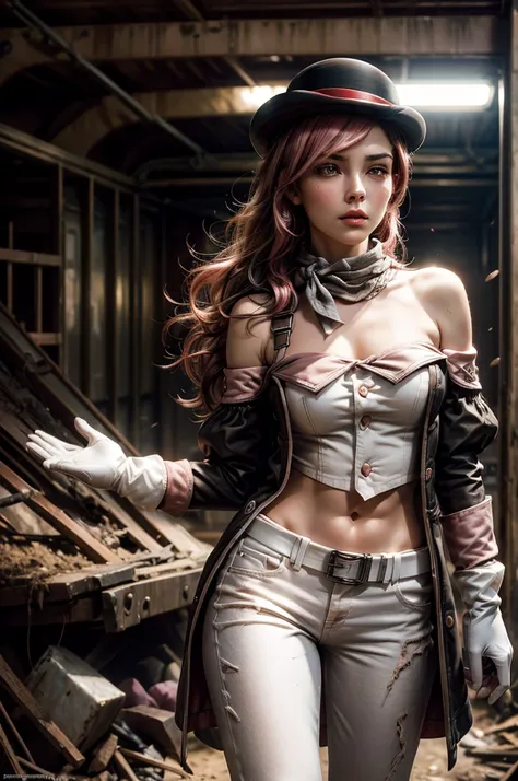 pink and brown hair, multicolored hair, neopolitanatlas, bowler hat, grey scarf, white gloves, white shirt, off-shoulder shirt, black sleeves, midriff, white belt, white pants, post apocalyptic scene, inside old train station, debris, bonfire, standing nea...