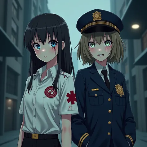 (( best quality )), ((masterpiece)),full body.A highly detailed anime-style illustration of two beautiful yet eerie girls inspired by the Paramedics and Police zombies from the movie "The Return of the Living Dead." The first girl wears a stylized paramedi...