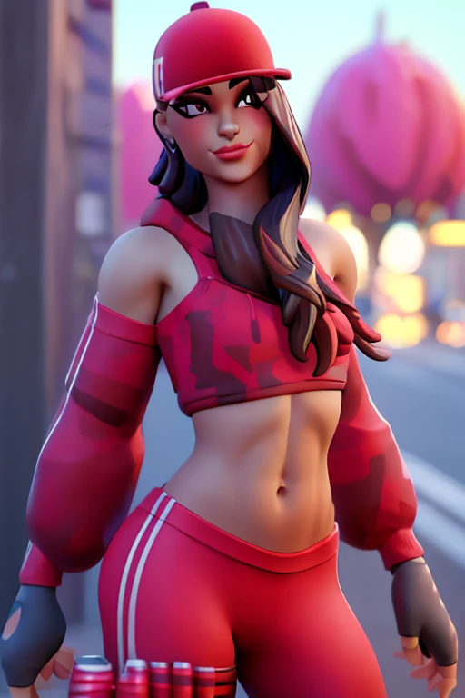 ruby , (Fortnite),1 girl, Alone, long hair, looking at the spectator, smile, breasts, city background, butt,  bare shoulders, fitted shirt,  Closed mouth ,  portrait, red sweatshirt,  Skinny pants , red sweatpants,  seductive, realistic,  better quality , ...