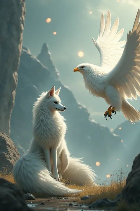 A nine-tailed fox next to a white eagle 