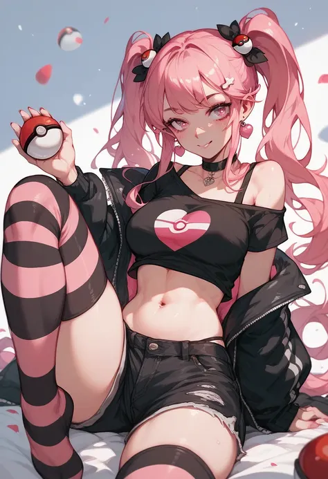 Give me a cold looking woman, with pink eyes, long pink hair loose, wearing a black top with pink stripes, big tits, black shorts and black striped stockings half transparent gothic style, with a pokeball in her hand.