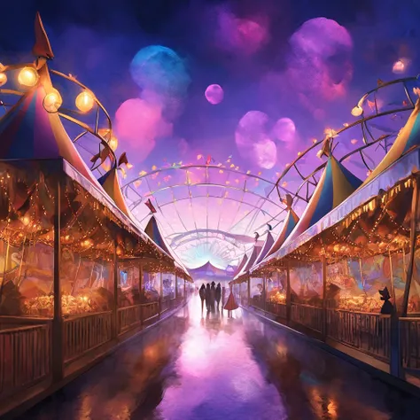 Picture a twilight carnival with ghostly lights twinkling among shadowy tents and mysterious figures wandering through—it’s got a vibe of both wonder and eeriness