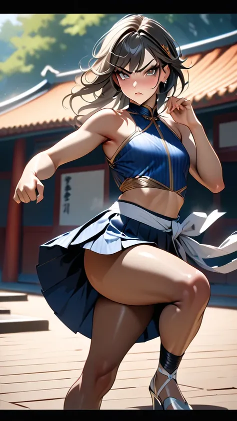 trans woman ((Adult transgender women)): Trap, Otoko no ko; short pleated miniskirt; strapless cropped top; brown eyes; showing the whole body; brown skin; Black hair, hairstyle variation; High heels silver sandals. High quality. 4k, 8k, many details. Blus...