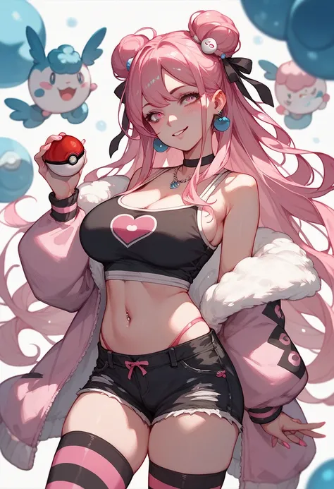 Give me a cold looking milf, with pink eyes, long pink hair loose, wearing a black top with pink stripes, big tits, black shorts and black striped stockings half transparent gothic style, with a pokeball in her hand.