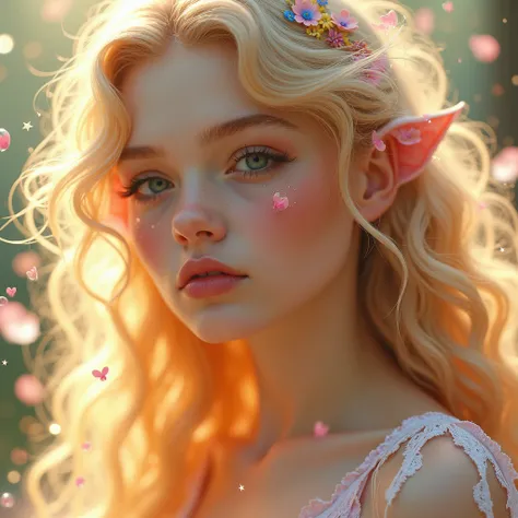 ((masterpiece)). This artwork is dreamy and ethereal, with soft golden hues. Generate a delicate male fairy exploring a bubblegum world with a wide variety of pastel shades. His sweet face is extremely detailed and realistic with elegant,he has frekles, an...