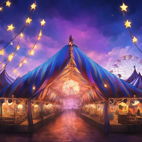 Picture a twilight carnival with ghostly lights twinkling among shadowy tents and mysterious figures wandering through—it’s got a vibe of both wonder and eeriness