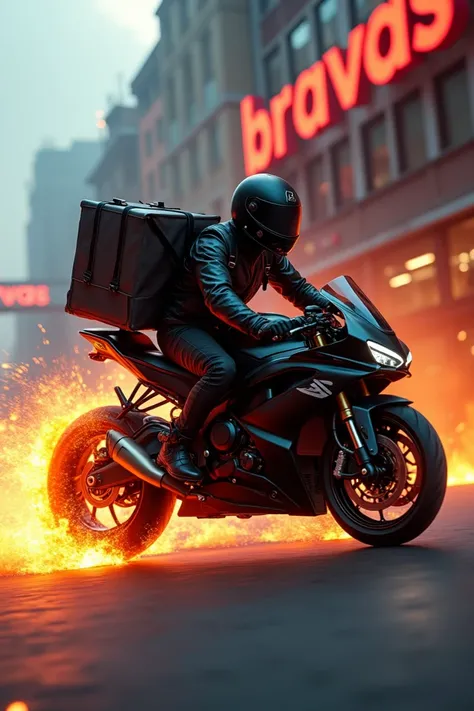  A black sports motorcycle delivery man , with large square backpack ,  with the tires on fire and a space with the phrase "bravas delivery ".