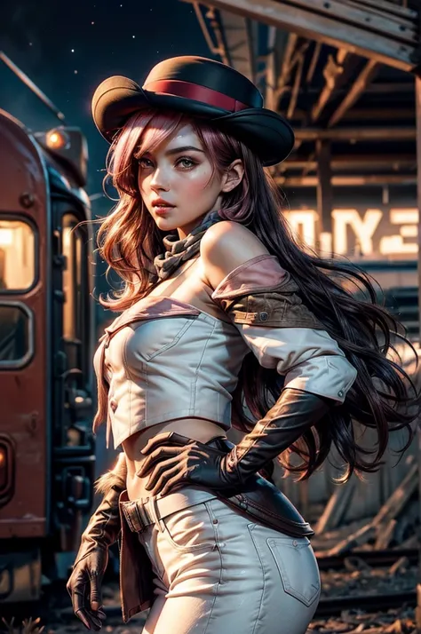 pink and brown hair, multicolored hair, neopolitanatlas, bowler hat, grey scarf, white gloves, white shirt, off-shoulder shirt, black sleeves, midriff, white belt, white pants, post apocalyptic scene, night, stars, inside old train station, debris, bonfire...