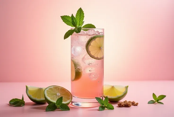 white rum, fresh peppermint ,  brown sugar ,  lemon juice and sparkling water ,  decorated with peppermint leaves and lime slices. Pastel pink background