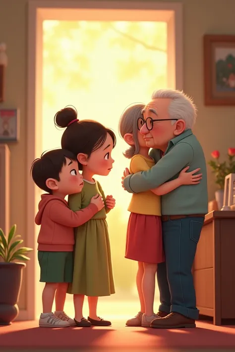 parents saying goodbye to relatives, animated characters