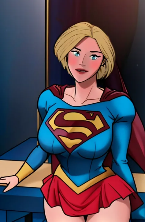 supergirl costume,  blonde alone ,    sexy body on the desk    ,   man in miniskirt    , big , body wet with saliva