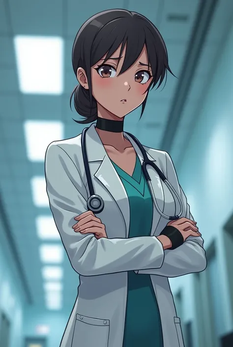 Anime style 2D female doctor. She is a robot. She wears a lab coat and a high tech medical lab can be seen clearly behind her. Her expression is indifferent, bored, and cold. Her body below the legs is not seen. She has average breasts. Shot from above.