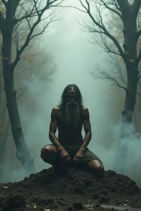 A thin ong haired and bearded guy kneeling on a mount of dark soil covered in mud at an empty theatrical stage. On the background two symmetrical tree brunches and smoke.