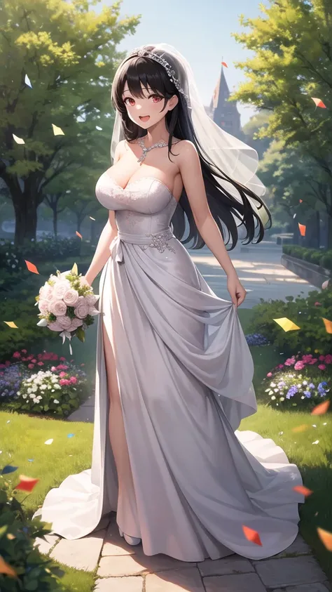 masterpiece, best quality, girl, solo, looking at viewer, anos_voldigoad, black hair, red eyes, large breasts, wedding Dress, standing, garden, confetti, holding bouquet, smile, open mouth,