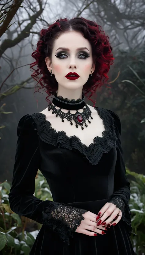 Hyperrealistic gothic woman with pale, porcelain-like skin and dual-toned curly hair (dark and white). Bold makeup with dark eyeshadow, winged eyeliner, crimson lips with a metallic fang. Modest black velvet dress with lace trim, high neckline, long sleeve...