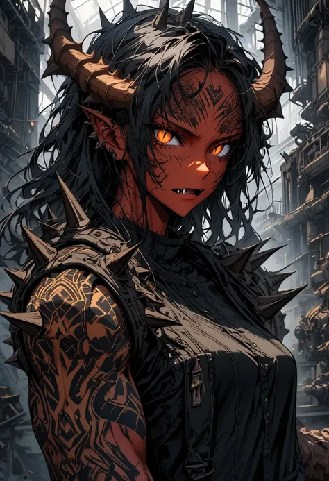 solo, female, oni girl, close up, deep crimson skin, two curved horns protruding from her forehead, orange eyes, slit pupils, short black hair, spiky_hair, lone fang, clawed hands, short arm spikes, tattoos, broad shoulders, stocky build, muscular, tight-f...