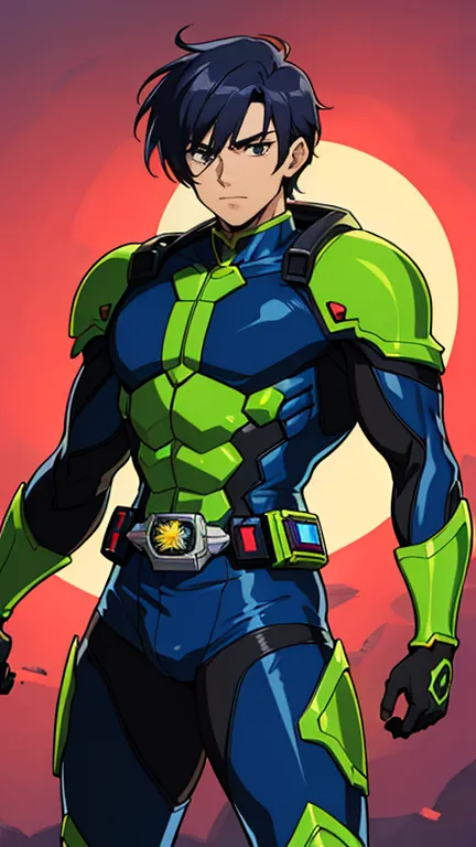 Backstreets,    Japanese ,      handsome young man      , Glowing Kamen Rider Suit          , 18 years old,      Toned and Muscular      ,   tall  ,    long bangs     、Sensual appearance,     Crotch Bulge   