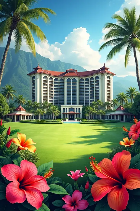 I want you to make me a cover of the Buenaventura Beach and Golf Resort hotel with Hawaiian flowers at the bottom