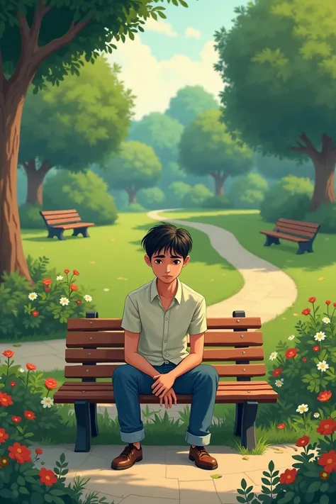 Sad young man on the bench in a park, animated characters