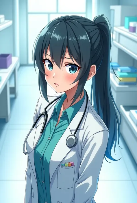 Anime style 2D linedrawn. A robot female doctor. Is visibly an attractive android. She wears a lab coat and a high tech medical lab can be seen clearly behind her. Her expression is indifferent, bored, and cold. No blush. Her body below the legs is not see...