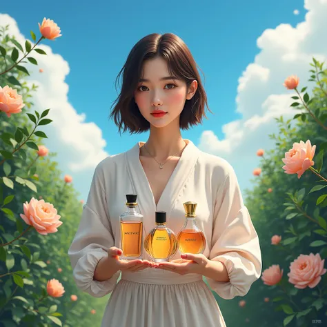 Beautiful girl holding many bottles of perfume in the garden，dress conservatively，Blue sky and white clouds。