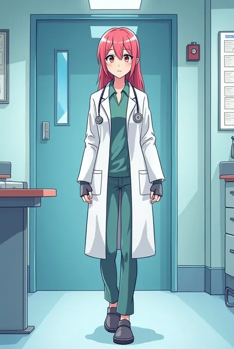 Anime style 2D linedrawn. A robot female doctor. Is visibly an attractive android. She wears a lab coat and a high tech medical lab can be seen clearly behind her. Her expression is indifferent, bored, and cold. No blush. Her body below the legs is not see...