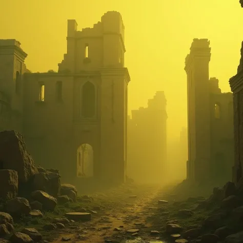 ( better quality ,  masterpiece ,  Photorealistic image, elaborate details:1.2),  the remains of a lost civilization without people and colored yellow, In a haze  