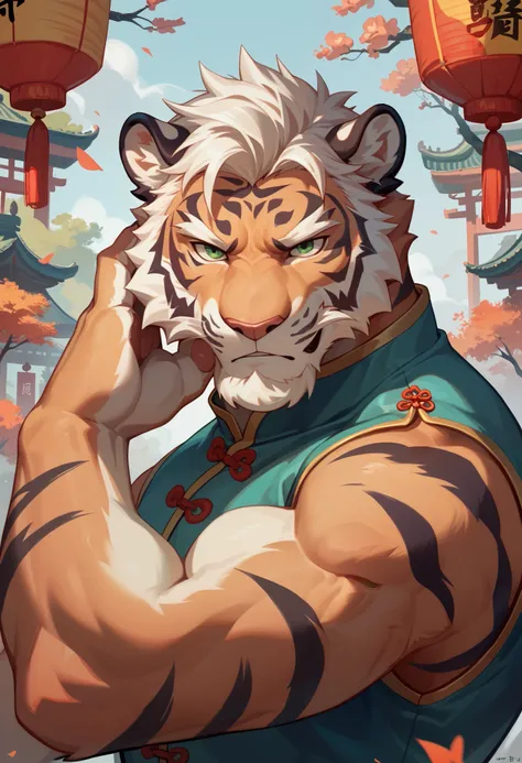 solo, furry male; front facing pose, male tiger, lean build, white hair, white beard, green eyes, Chinese clothing, looking down at the viewer, holding his cheek, stern expression