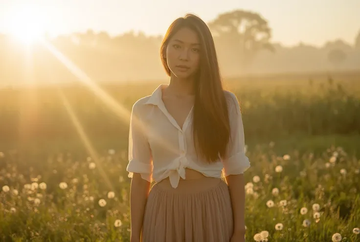 portrait of a thai women 28years old, vintage film 35mm, retro shirt, casual chiffon maxi skirt, long hair, ray, lensflare, rim light, outdoor, dandelions, Flower Grass, Wildflower, summer sunset atmosphere, haze, vapour, fog,