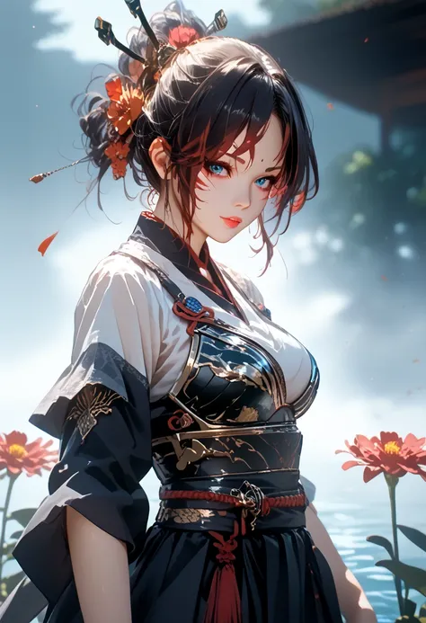 Anime Girl 1,sexy,beautiful,holds a katana in his hand,hkwarrior, bright colors,Shine,Two hair colors,Clear drawing of details,masterpiece,maximum ideal traits,Средняя beautiful Грудь,Body parts are visible,cloth,Small Armor,Black Mystical Background,Detai...