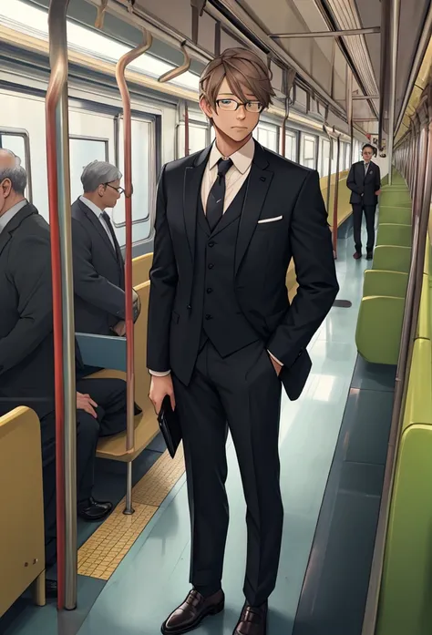 Standing on a train with glasses in his eyes, I phone in his hand, and his suit on