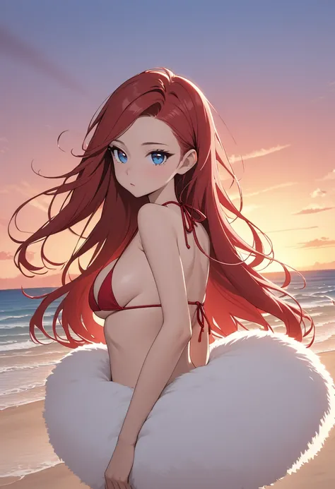 A young beautiful teenage girl with a skinny body and gigantic boobies long fluffy smooth red hair and deep blue eyes in red string triangle bikini with her hair blowing in the wind on the beach at sunset 