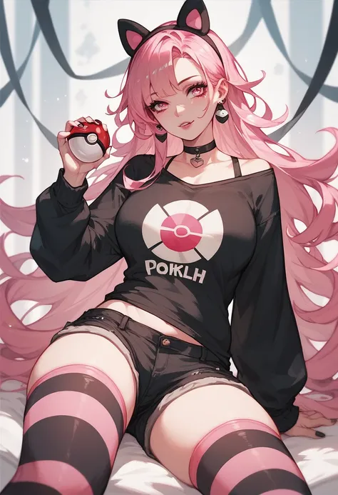 Give me a cold looking milf, with pink eyes, long pink hair loose, wearing a black top with pink stripes, black shorts and black striped stockings half transparent gothic style, with a pokeball in her hand